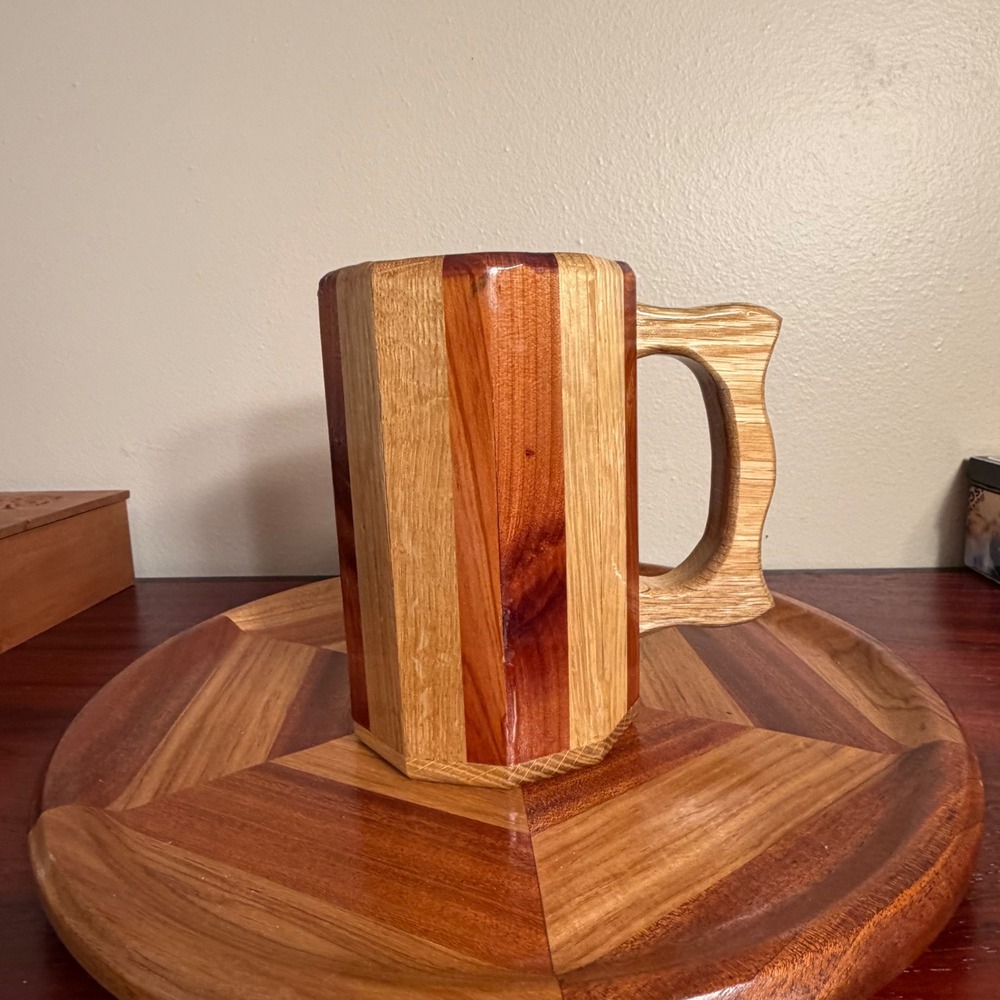 Handmade Wooden Beer Stein Octagonal Cedar Oak Segmented Mug Rustic Barware 6in